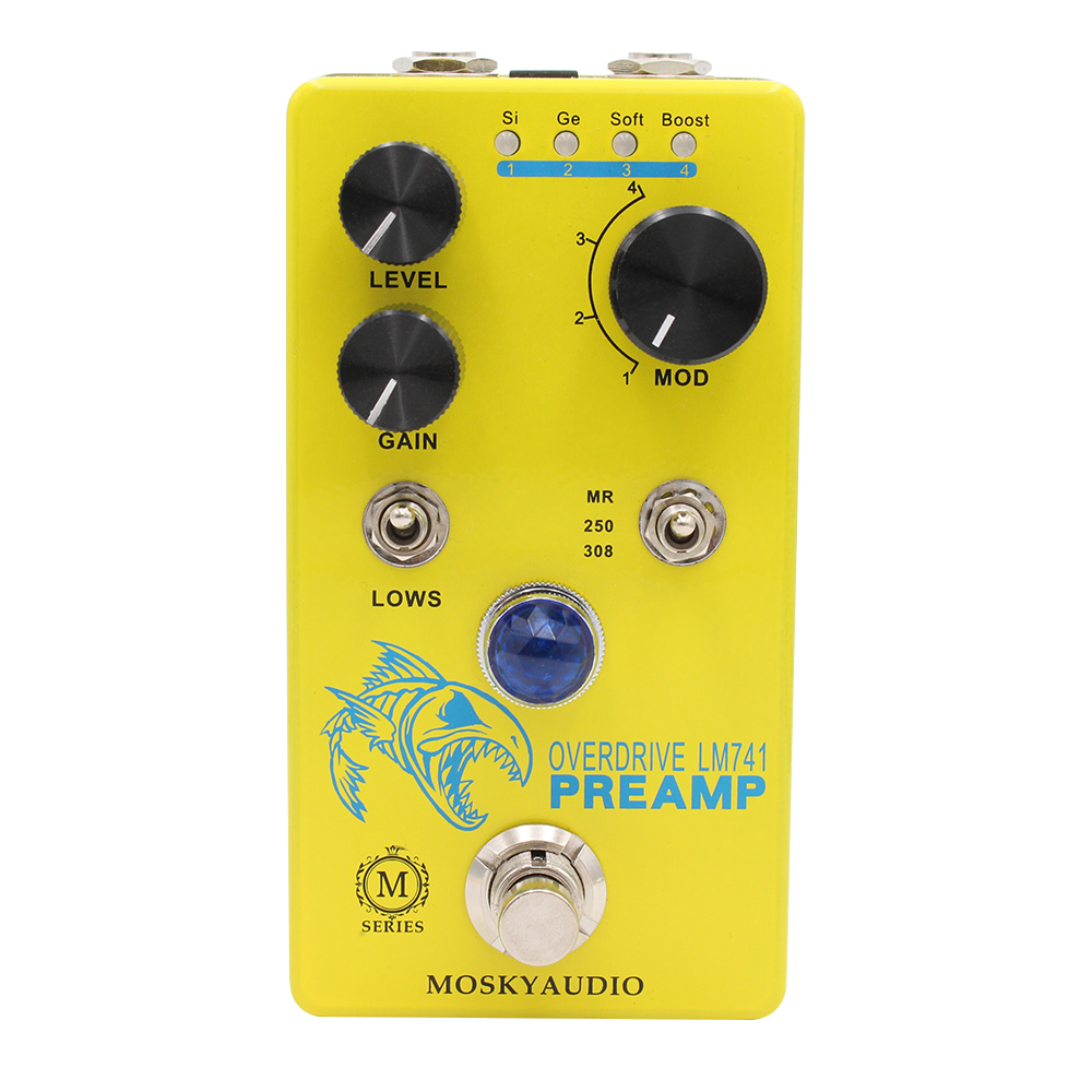 Diy Guitar Electronics - MOSKY-LM741プリアンプギターペダル、ディストーションオーバードライブ、エレキギターエフェクト、4モードボタン、ギターベースに適しています